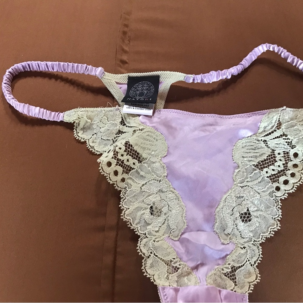 Natori Lavender Satin Thong with Cream Lace